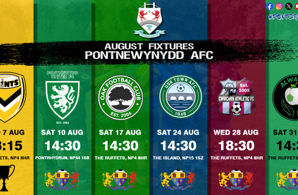 August Fixtures 2024 Pontnewynydd AFC