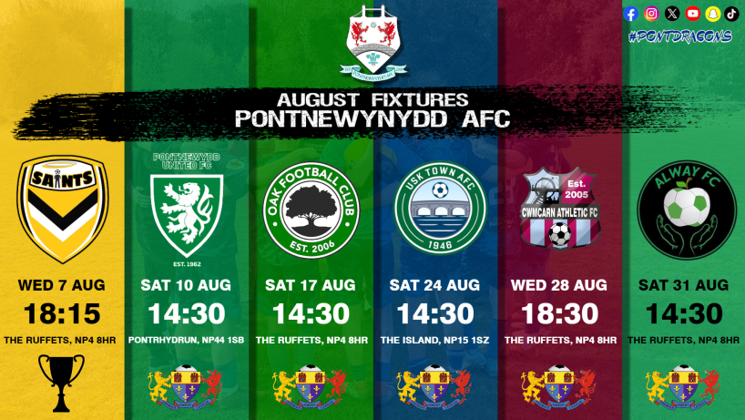 August Fixtures 2024 Pontnewynydd AFC